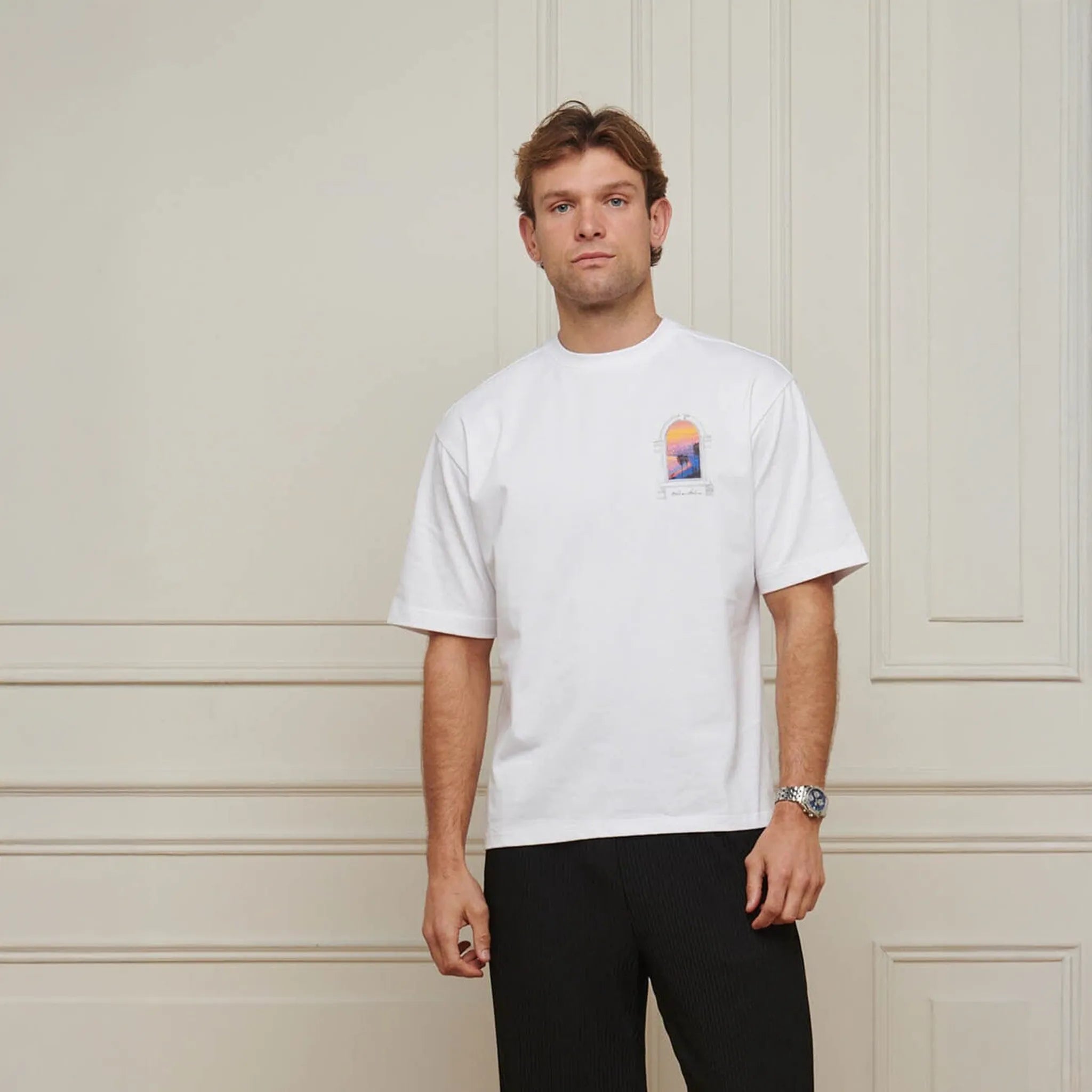 Front View of Belier Miami Sunset Arch White T Shirt BM838WHT